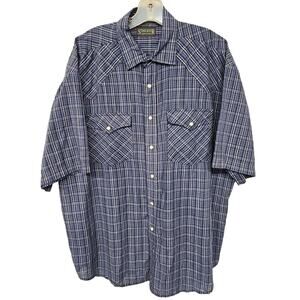 Western Pearl Snap Mens Shirt XL Short Sleeve Blue,White Plaid Cowboy